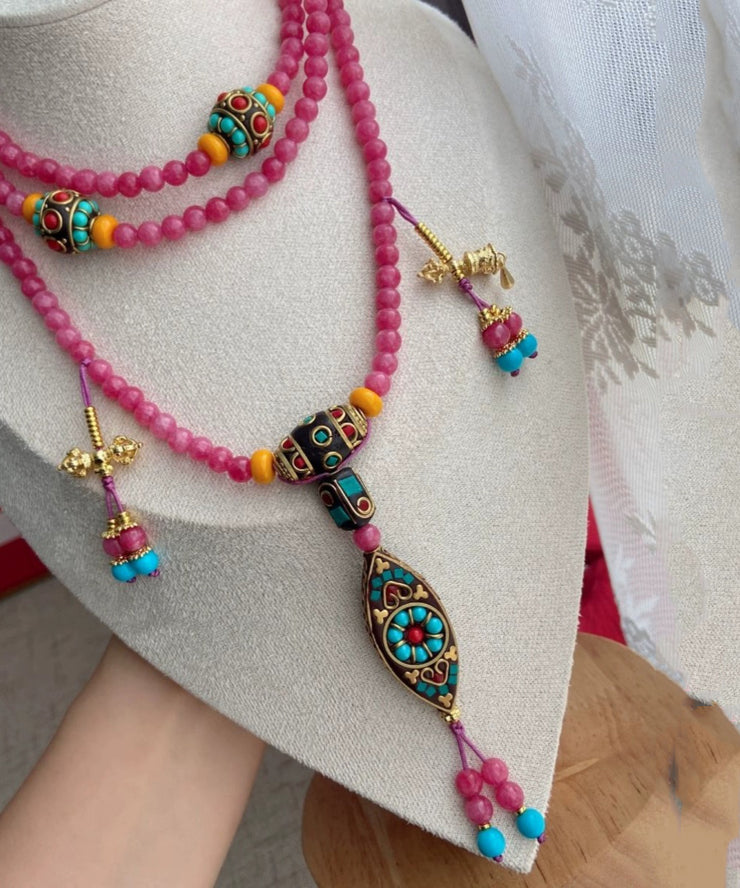 Loose Pink Gem Stone Cloisonne Enamel Beading Tassel Pendant Necklace