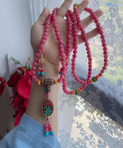 Loose Pink Gem Stone Cloisonne Enamel Beading Tassel Pendant Necklace