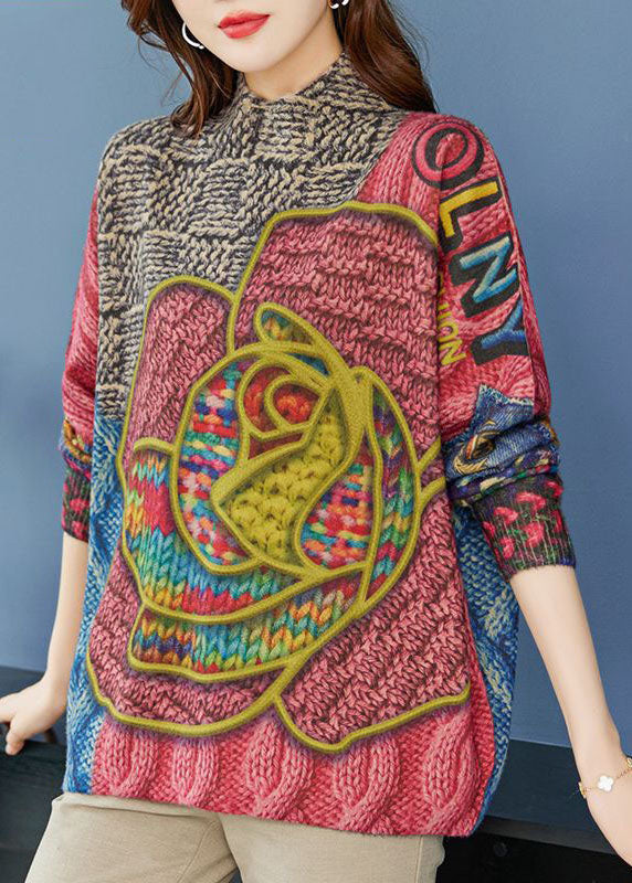 Loose Pink High Neck Print Wool Knit Sweater Winter