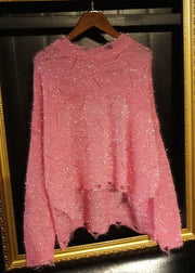 Loose Pink Hollow Out Low High Design Knit Top Long Sleeve