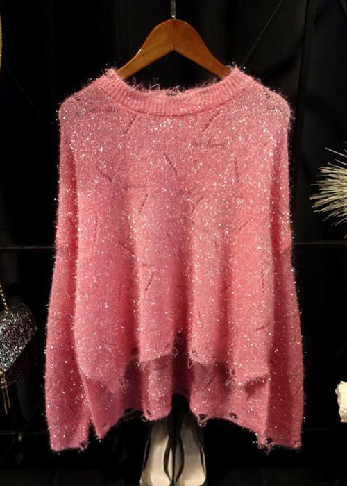 Loose Pink Hollow Out Low High Design Knit Top Long Sleeve