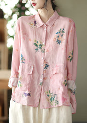 Loose Pink Low High Design Linen Shirt Long Sleeve