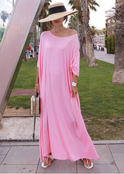 Lockeres rosa O-Neck Baumwolle langes Kleid mit kurzen Ärmeln
