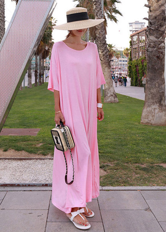 Loose Pink O-Neck Cotton Long Dress Short Sleeve