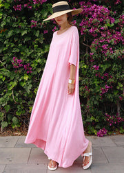Lockeres rosa O-Neck Baumwolle langes Kleid mit kurzen Ärmeln