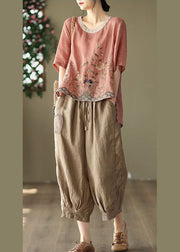 Loose Pink O-Neck Embroidered Linen Tanks Short Sleeve