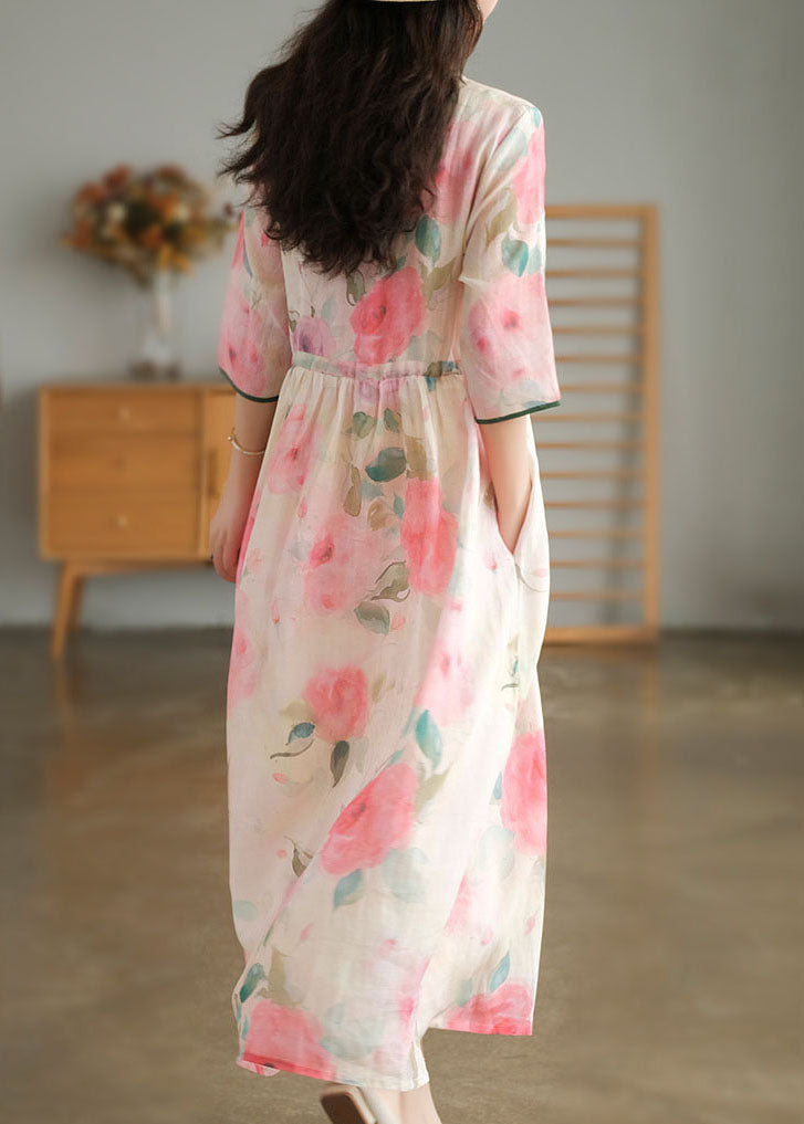 Loses rosa O-Ausschnitt Blumendruck Tasche Leinen langes Kleid mit kurzen Ärmeln