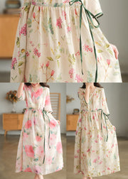 Loose Pink O-Neck Floral Print Pocket Linen Long Dress Short Sleeve