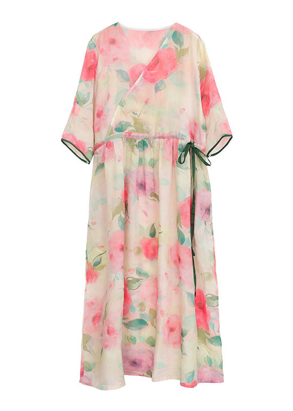 Loses rosa O-Ausschnitt Blumendruck Tasche Leinen langes Kleid mit kurzen Ärmeln