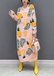 Loose Pink O-Neck Oversized Print Mink Hair Knitted Long Knit Dress Winter