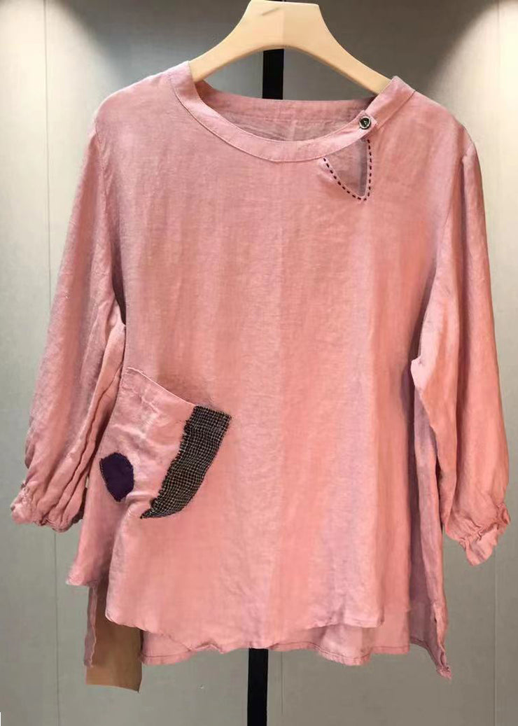 Loose Pink O Neck Pockets Patchwork Linen Top Fall