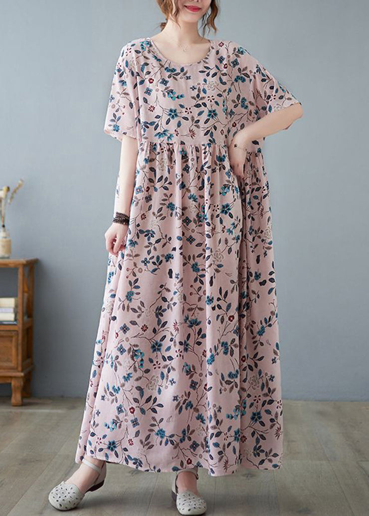 Loose Pink O-Neck Print Exra Large Hem Cotton Dress Summer