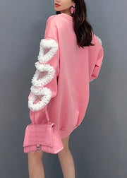 Loose Pink O Neck Tulle Patchwork Cotton Sweatshirt Long Sleeve