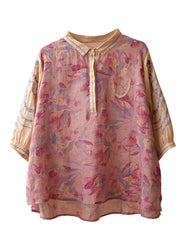 Loose Pink Peter Pan Collar Print Linen Shirt Top Half Sleeve