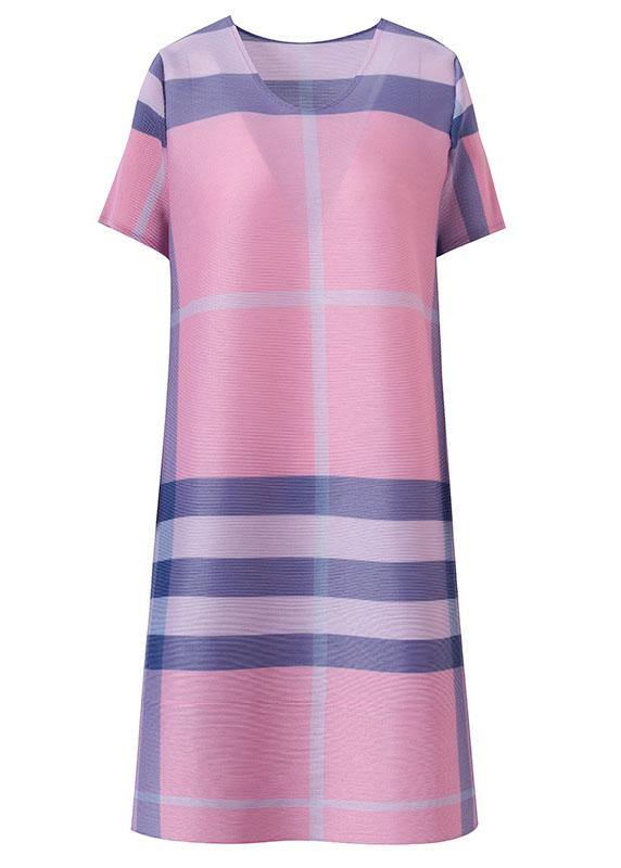 Loose Pink Plaid O-Neck Half Sleeve Dress Summer - SooLinen