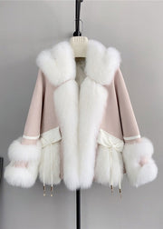 Loose Pink Pockets Fox Collar Patchwork Faux Suede Duck Down Jackets Winter