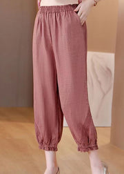 Loose Pink Pockets Lace Patchwork Elastic Waist Linen Crop Pants Summer