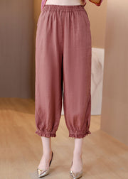 Loose Pink Pockets Lace Patchwork Elastic Waist Linen Crop Pants Summer