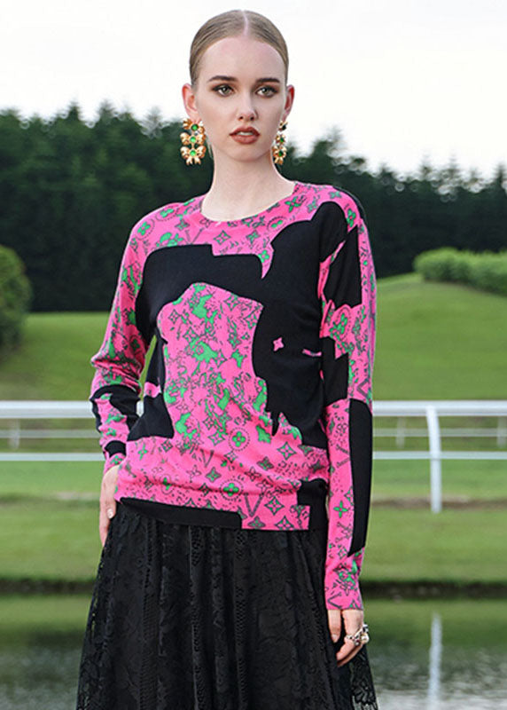 Loose Pink Print Patchwork Thick Print Silk Cotton Top Fall
