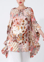 Loose Pink Print Ruffled Laace Up Chiffon Blouse Tops Butterfly Sleeve
