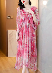 Loose Pink Print Wrinkled Silk Maxi Dresses Flare Sleeve
