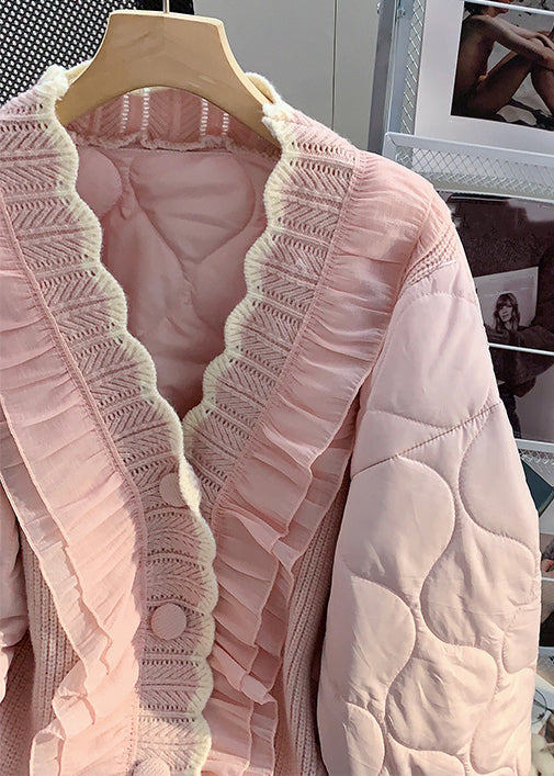 Loose Pink Ruffled Button Knit Patchwork Thin Parka Winter