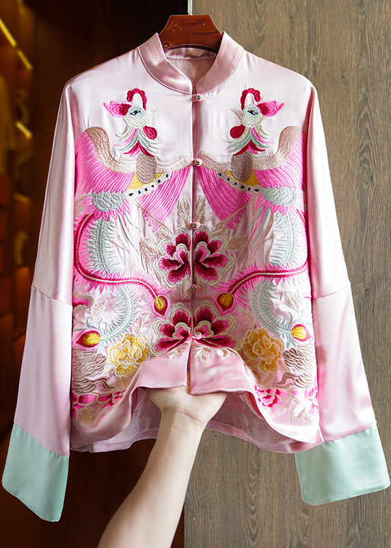 Loose Pink Stand Collar Embroidered Patchwork Silk Coats Fall