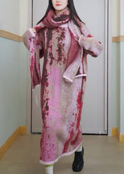 Loose Pink Tie Dye Patchwork Knit Long Sweaters Dress Fall