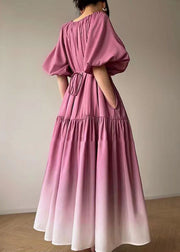 Loose Pink Tie Waist Wrinkled Patchwork Cotton Dresses Lantern Sleeve