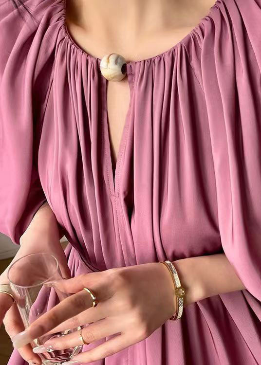 Loose Pink Tie Waist Wrinkled Patchwork Cotton Dresses Lantern Sleeve