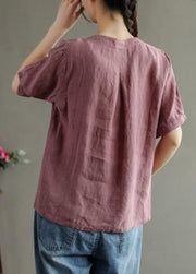 Loose Pink V Neck Embroideried Floral Summer Linen Shirt - SooLinen