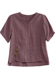 Loose Pink V Neck Embroideried Floral Summer Linen Shirt - SooLinen