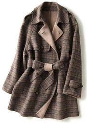 Loose Plaid Double Breast Tie Waist Wool Blend Coats Winter