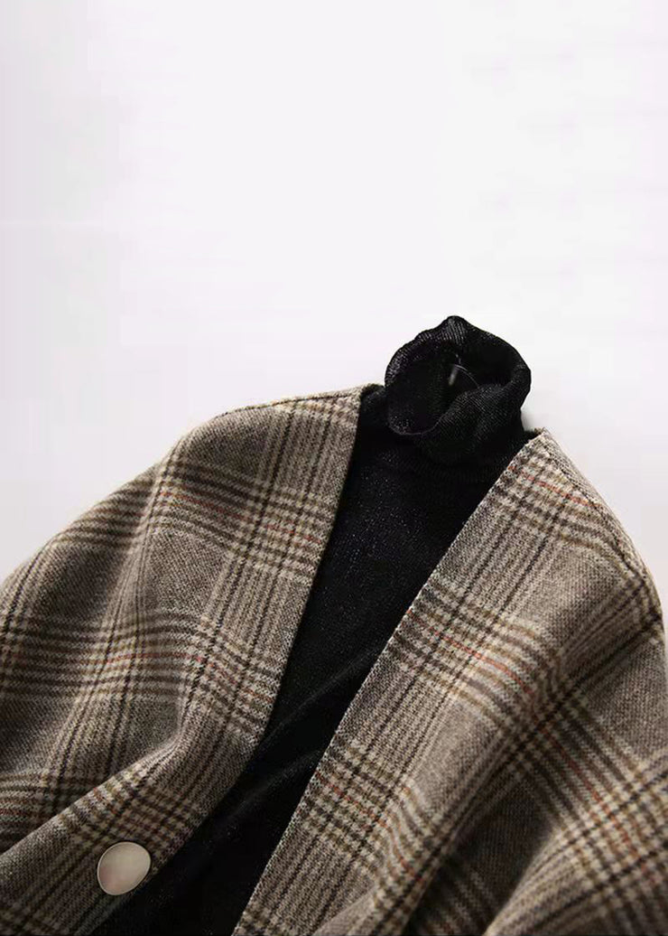Loose Plaid V Neck Button Patchwork Cotton Coat Half Sleeve