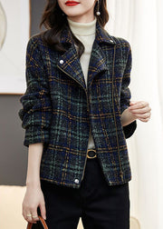 Loose Plaid Zip Up Pockets Patchwork Cotton Coats Long Sleeve