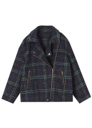 Loose Plaid Zip Up Pockets Patchwork Cotton Coats Long Sleeve