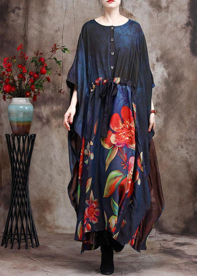 Loose Print Silk Dress Plus Size Tie Waist Maxi Dress - SooLinen