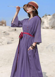 Loose Purple Cinched Button Cotton Dresses Three Quarter sleeve