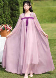 Loose Purple Embroidered Wrinkled Patchwork Chiffon Long Dresses Summer