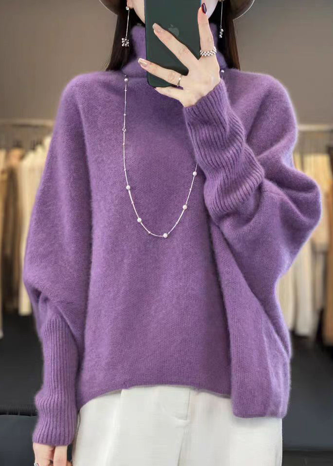 Loose Purple Hign Neck Versatile Woolen Sweater Tops Spring