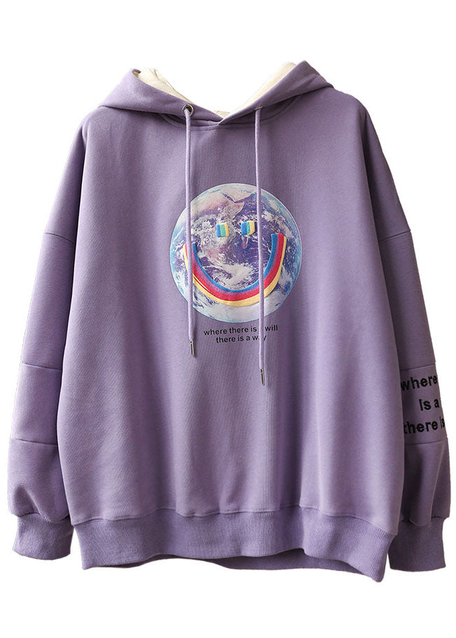 Loose Purple Hooded Drawstring Print Fall Sweatshirt