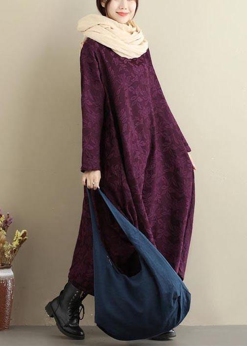 Loose Purple Jacquard Outfit O Neck Asymmetric Traveling Spring Dresses - SooLinen
