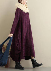 Loose Purple Jacquard Outfit O Neck Asymmetric Traveling Spring Dresses - SooLinen