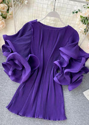 Loose Purple O-Neck Patchwork Chiffon Mini Dresses Butterfly Sleeve