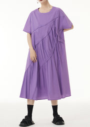 Loose Purple O-Neck Wrinkled Patchwork Cotton Long Dress Short Sleeve
