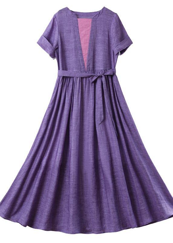 Loose Purple Patchwork Bow Summer Linen Dress - SooLinen