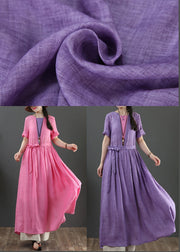 Loose Purple Patchwork Bow Summer Linen Dress - SooLinen