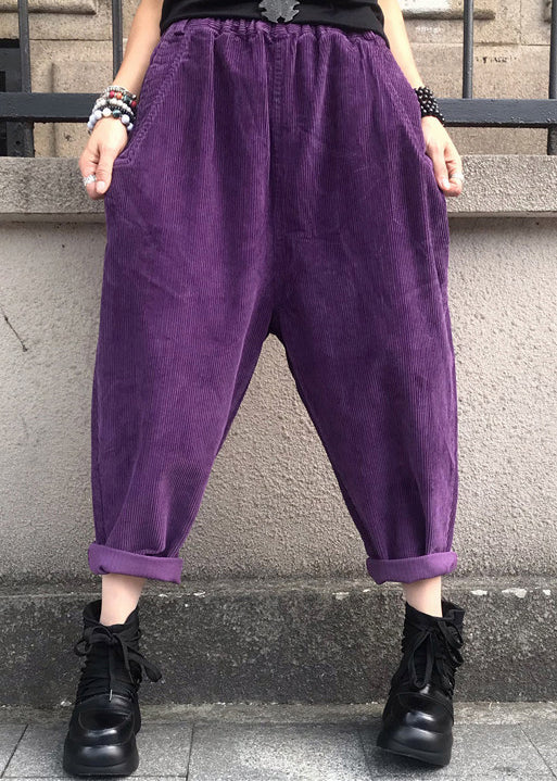 Loose Purple Pockets Elastic Waist Corduroy Crop Pants Fall