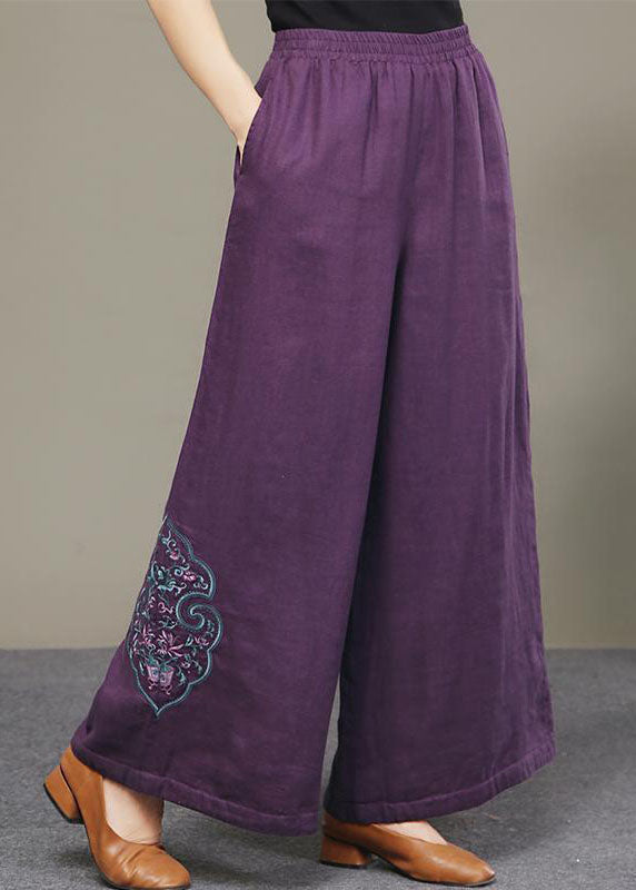 Loose Purple Pockets Embroidered Thick Wide Leg Fall Pant