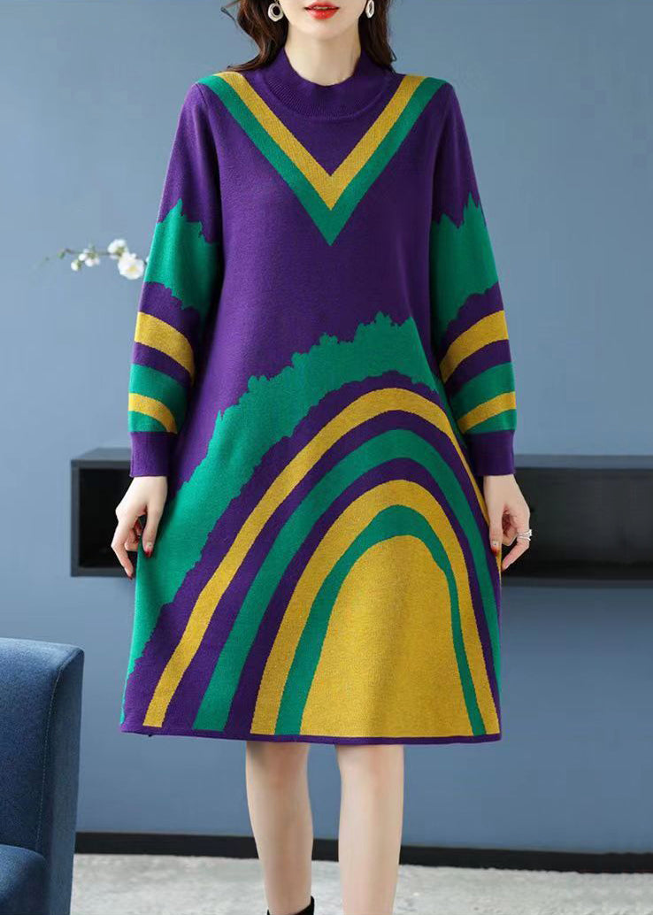 Loose Purple Print Cozy Knit Mid Dress Long Sleeve